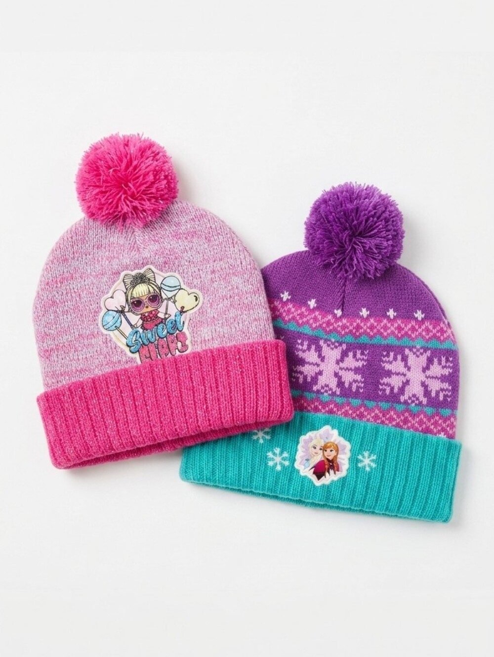 Set Of Two Girls Winter Toques LOL Dolls Elsa Frozen Pom Pom Glitter Knit Hats